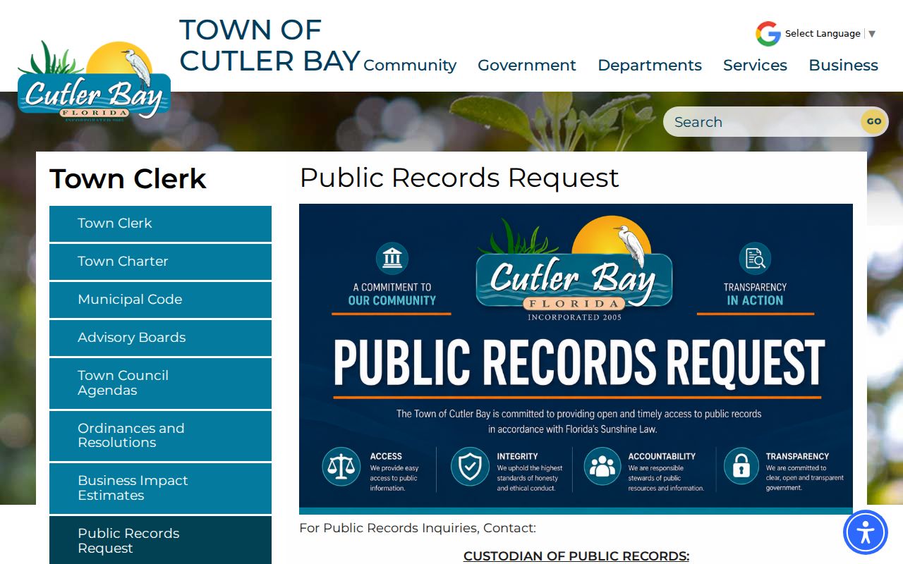 Cutler Bay Town Clerk public records request page