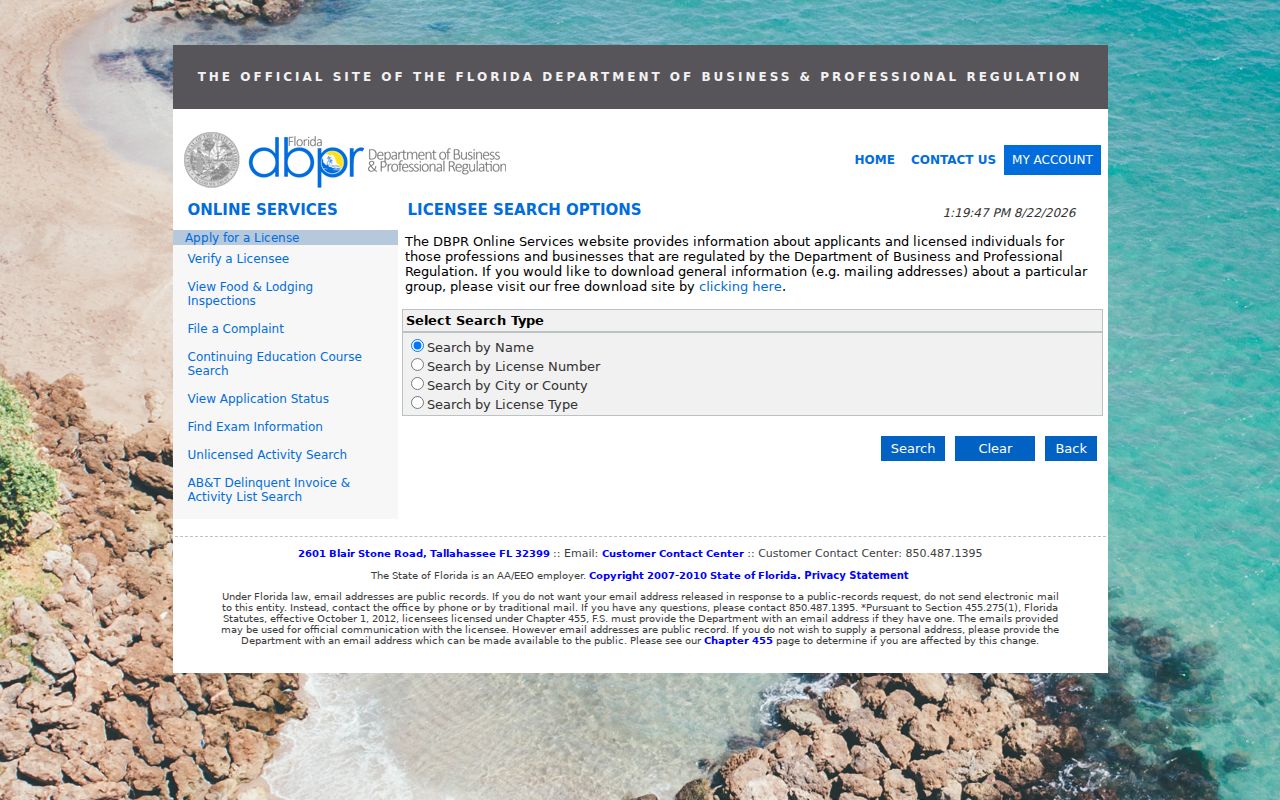 Florida DBPR public license search used for Cutler Bay name checks