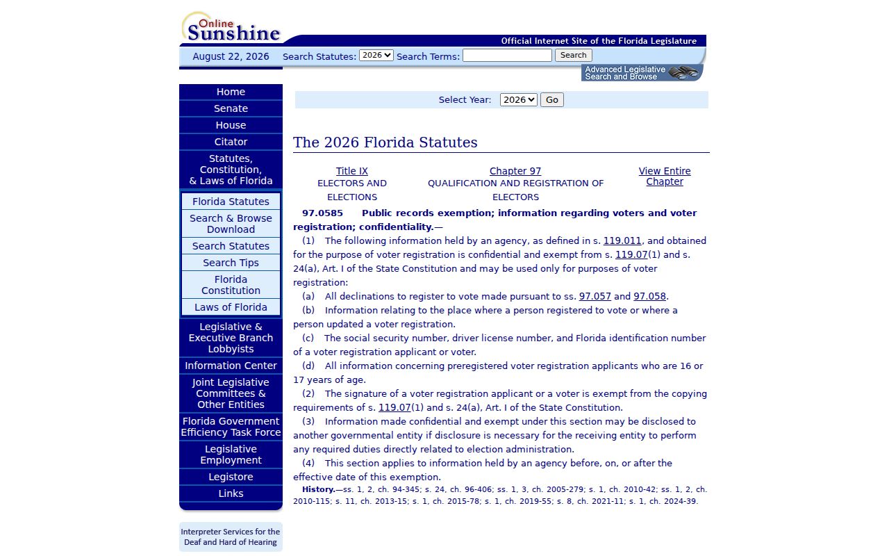 Florida voter information confidentiality statute for protecting Cutler Bay neighbors