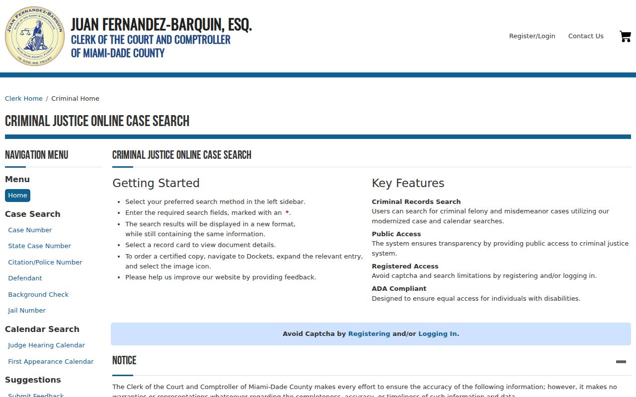 Miami-Dade Clerk criminal justice case search for a Cutler Bay resident lookup