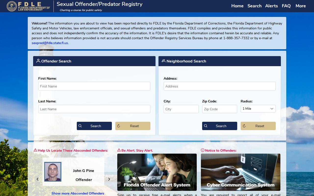 FDLE offender registry geographic search for Cutler Bay