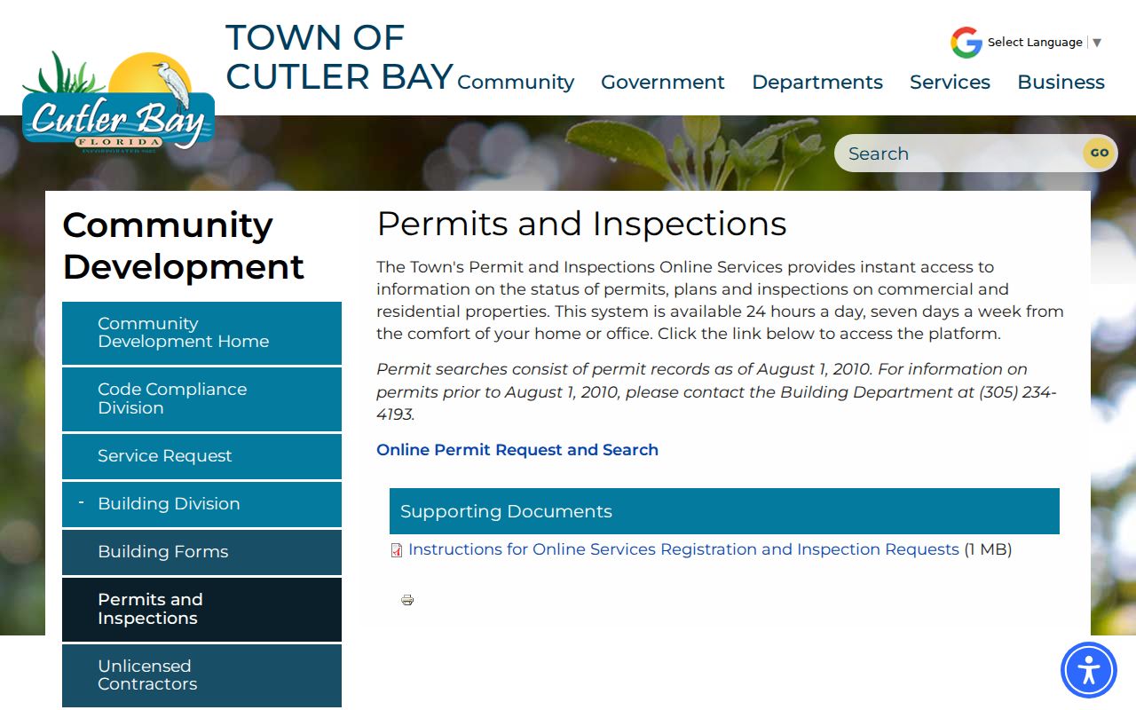 Cutler Bay street directory permit records instructions