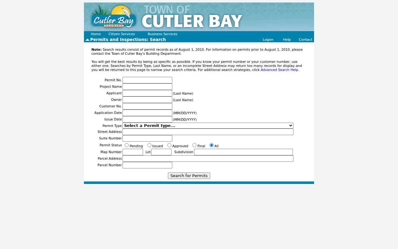 Cutler Bay street directory permit address search