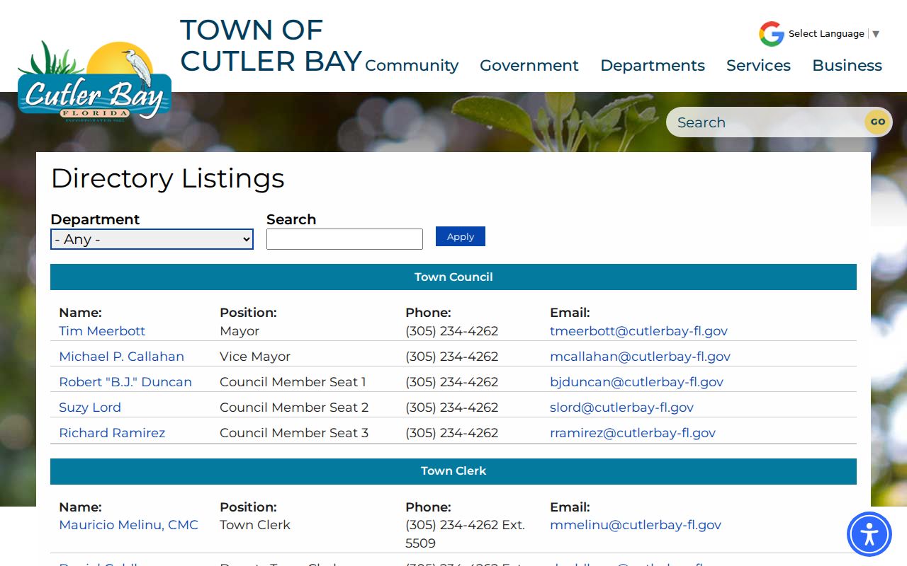 Cutler Bay Town staff directory for local address record questions